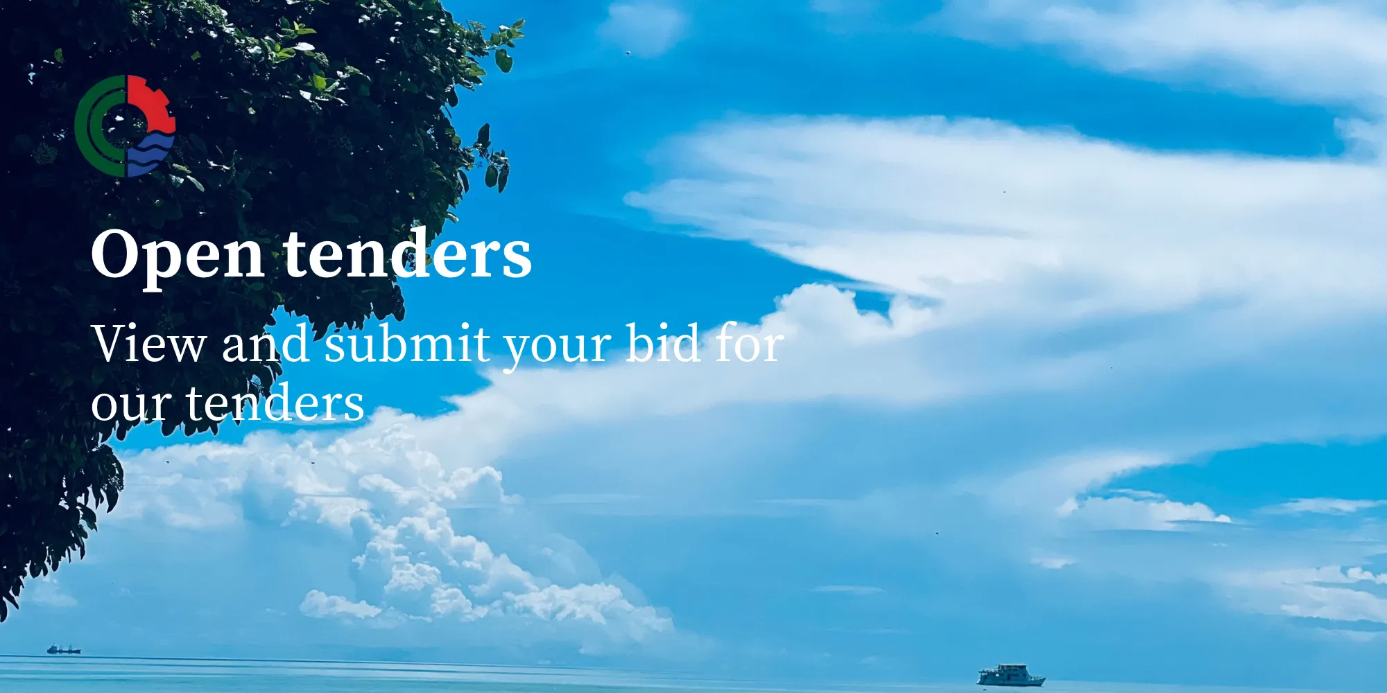 The Open Tenders banner from the CCK Customer Portal, reading 'View and submit your bid for our tenders' over a photograph of sea and sky