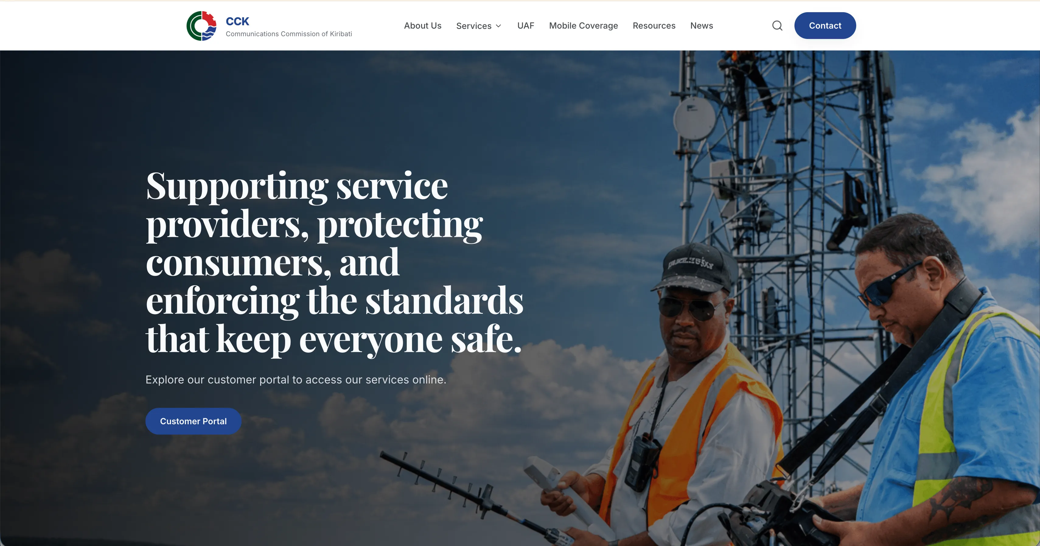 The CCK home page, with the regulator's mission headline over a photograph of two technicians servicing a transmission tower