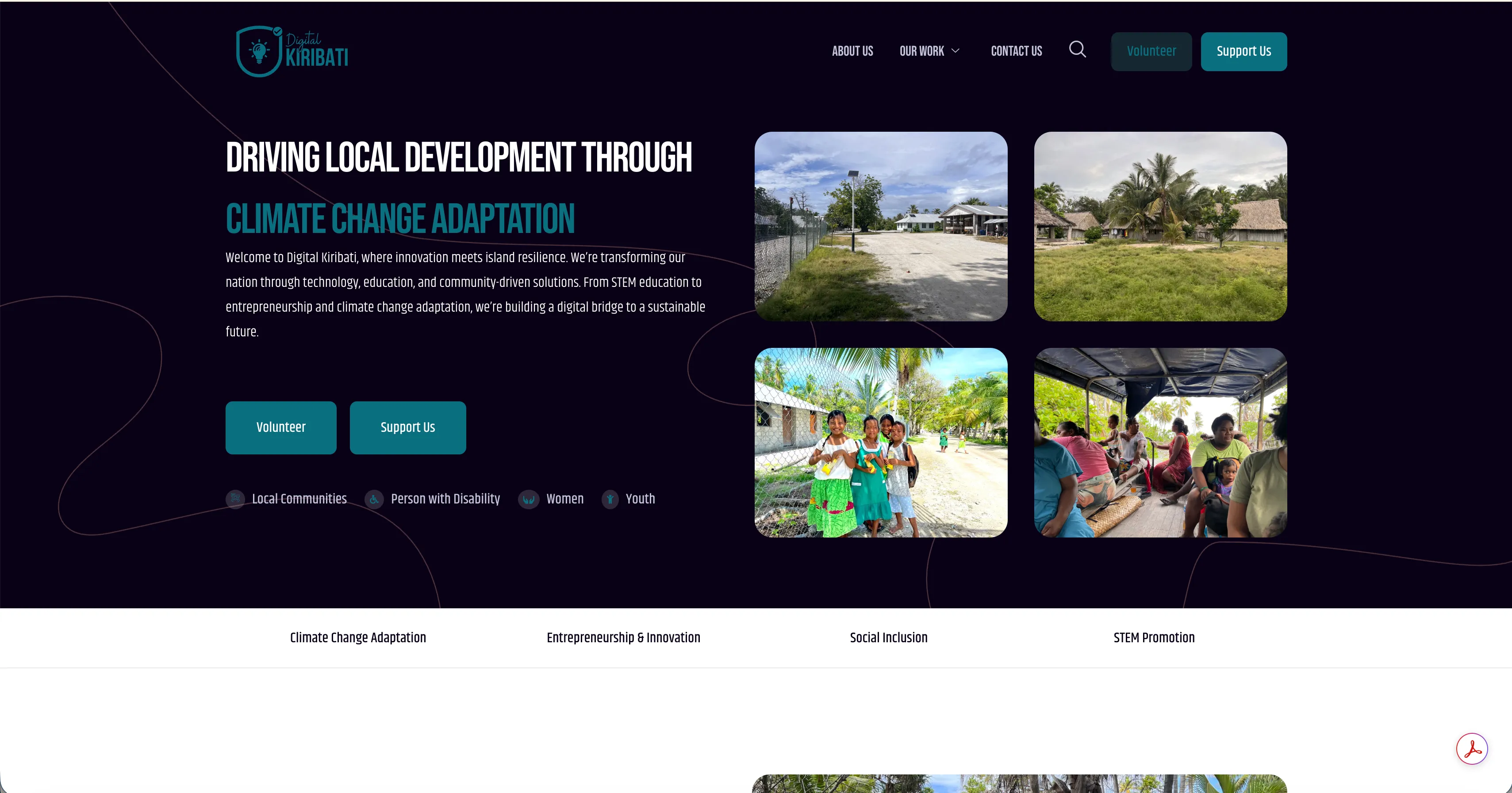 The Digital Kiribati home page, with a climate change adaptation headline, a grid of programme photographs and the four focus areas below
