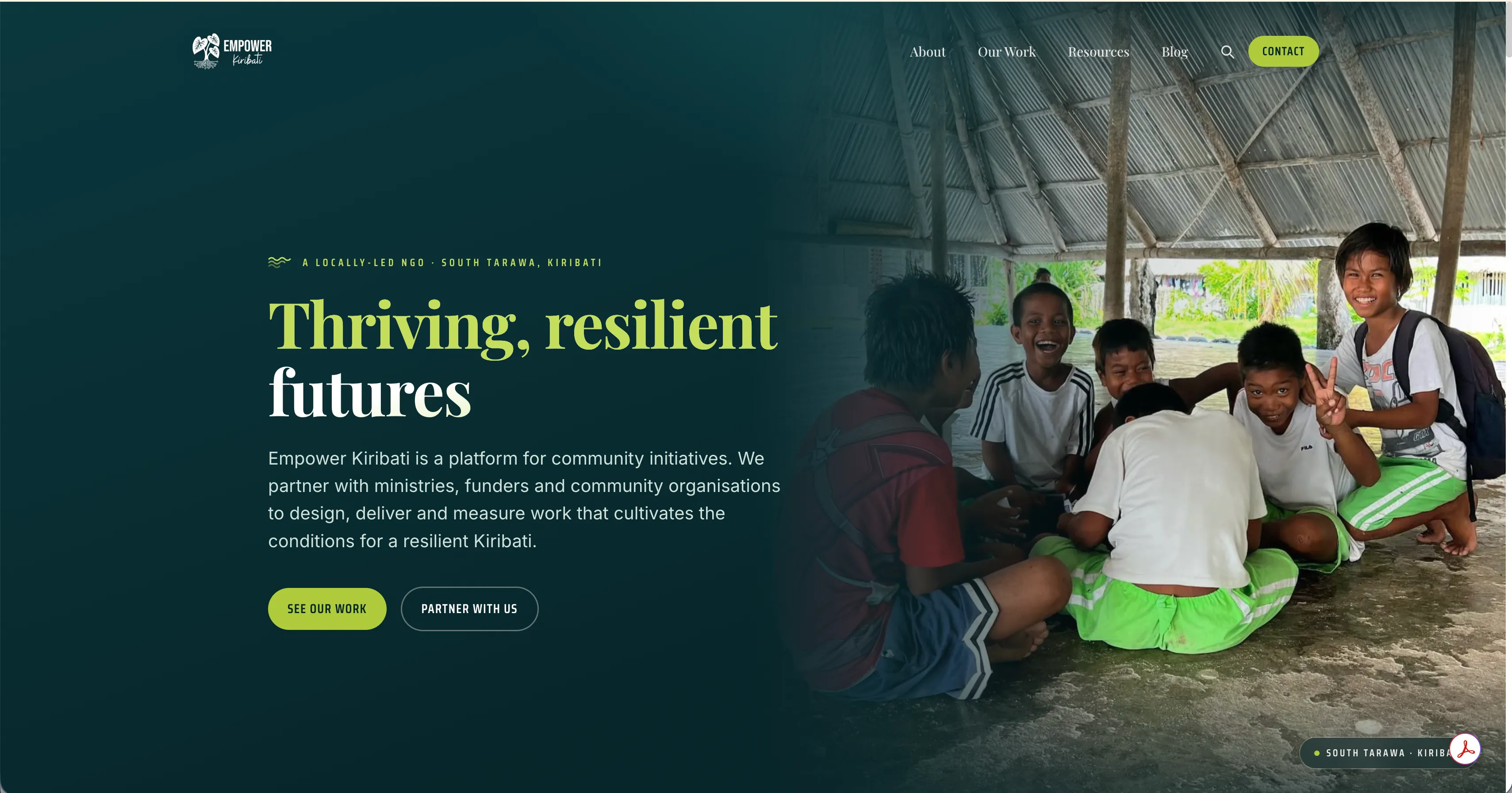 The Empower Kiribati home page, with a 'Thriving, resilient futures' headline beside a photograph of children in South Tarawa