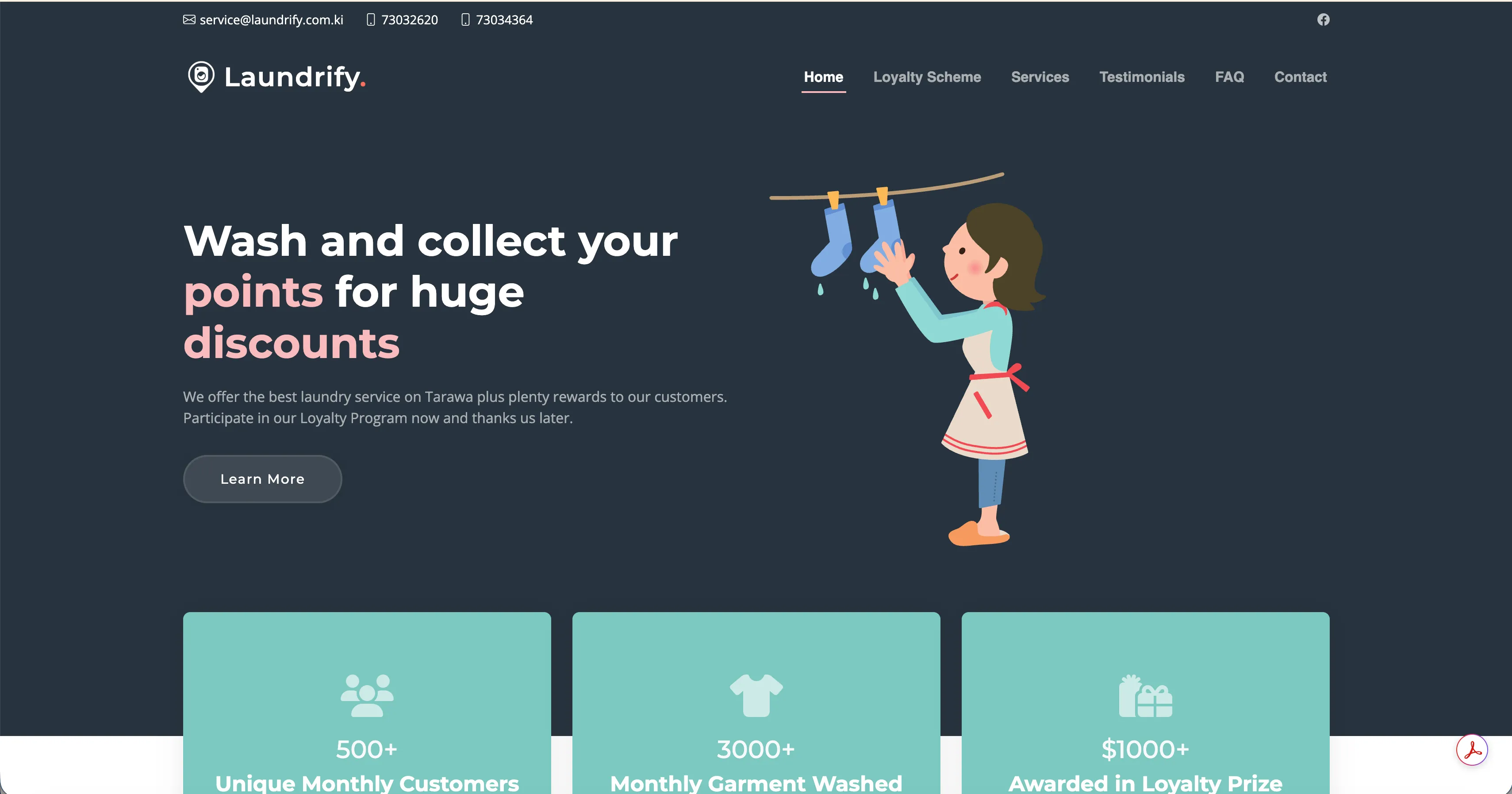 The Laundrify home page, with a loyalty points headline, an illustrated hero and a row of customer statistics