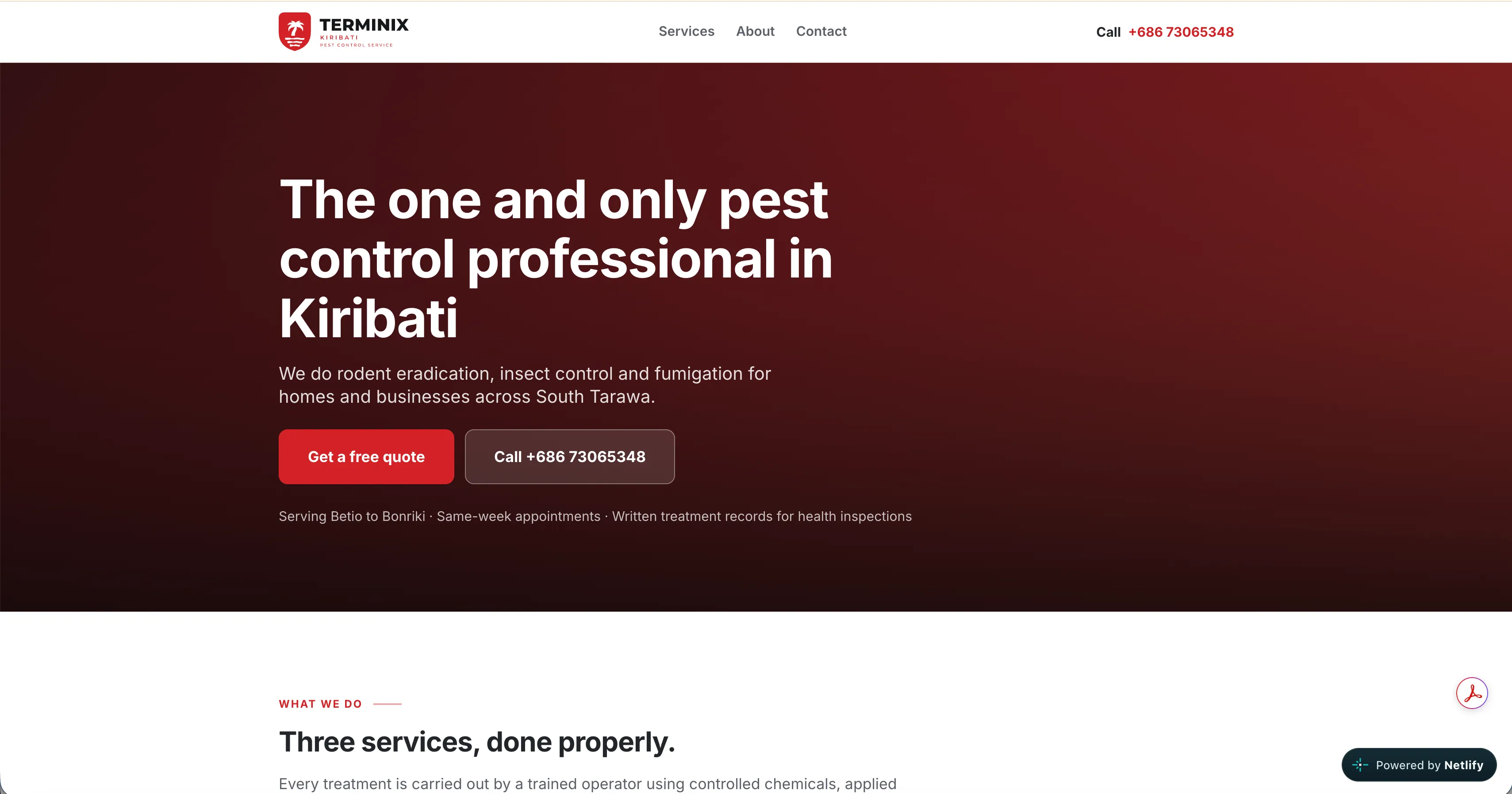 The Terminix Kiribati home page, with a pest control headline, quote and call buttons, and the start of the three services section